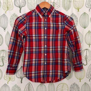 Ralph Lauren 100% cotton long sleeve button down, red + blue plaid, child size 8